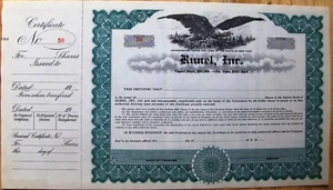 Stock certificate Runel, Inc., State of New York - Picture 1 of 2