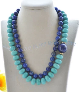 2 Rows 5x8mm Blue Turquoise Rondelle Gems & Round Lapis Lazuli Necklaces 17-18'' - Picture 1 of 4