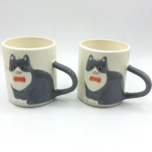 2 Set Vintage 80s Gray Cat Orange Bow Tie Tail Handle Ceramic Coffee Mugs 3 5/8" - Picture 1 of 7