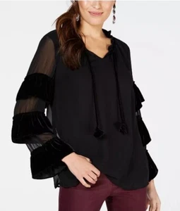 Style & Co Black Velvet-Trimmed Sheer Ruffled Blouse 2XL Elegant Bohemian  - Picture 1 of 8