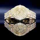 Hip Hop Full Iced Simulated Diamond Gold Plated Metal Band Baguette Stone Watch 