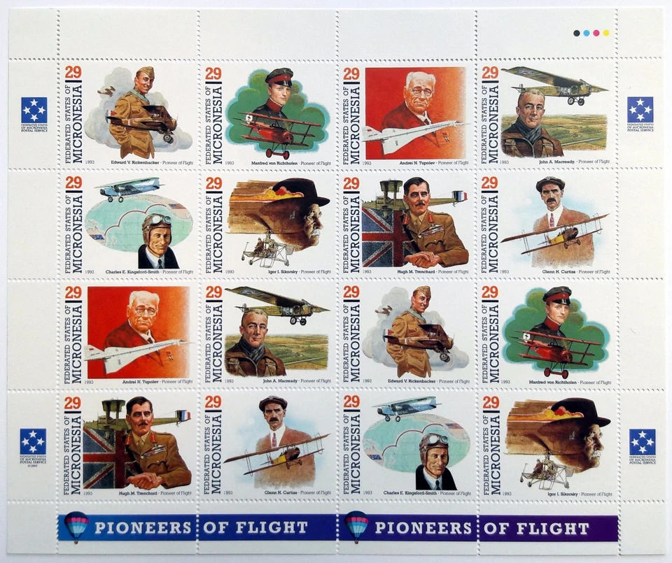 Micronesia Pioneers of flight 16 post stamp sheet  - Image 1 of 1