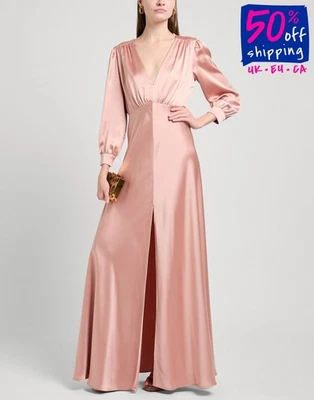 PVP €417 PINKO Maxi Vestido Satinado IT38 US2 UK6 XS Rosa Abotonado Puños Forrado Abertura Foto 1 de 4