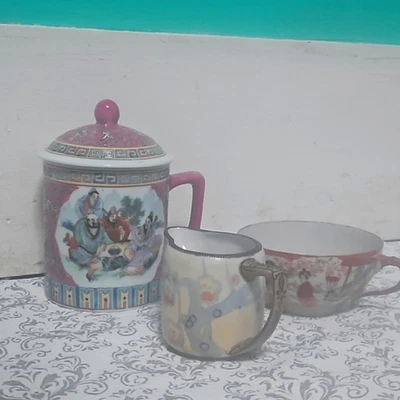 Juego de baño tarro tocador vintage antiguo rosa familiar japonés Foto 1 de 4