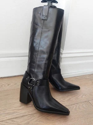 Mint Velvet Leather Knee Boots Ring Detail Black Eu 40 Uk 6.5 New - Image 1 of 4