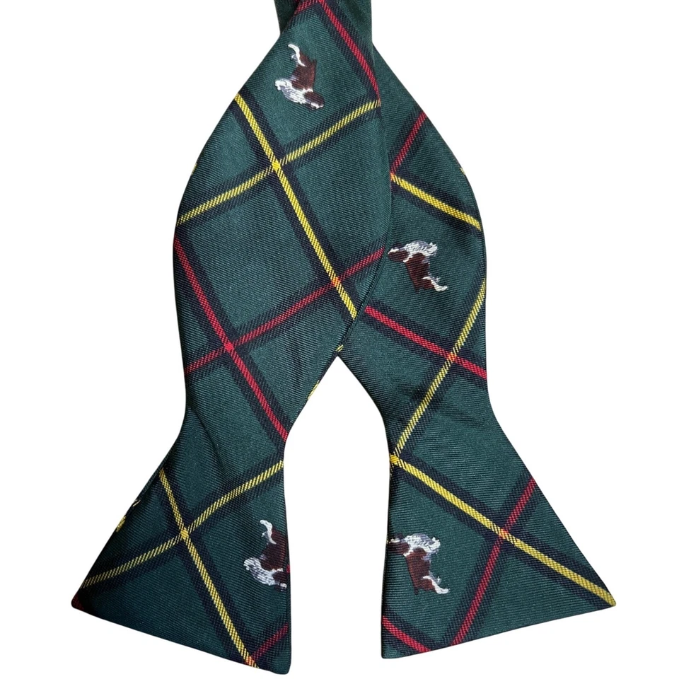 Lauren Ralph Lauren Silk Dog Print Adjustable Bow Tie Green Plaid Hand Made - Image 1 of 4