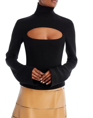 $525 A.W.A.K.E. Top svasato con maniche a collo alto con ritagli sul petto alla moda, nero, 44 - Immagine 1 di 2