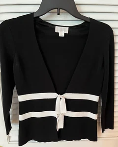 LOFT Petite XS 3/4 Sleeve Ivory Bow Black Rayon Nylon Cardigan Sweater - Picture 1 of 2