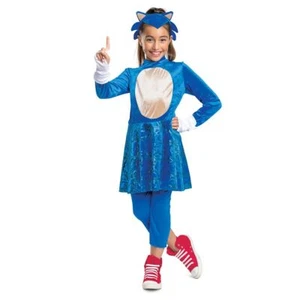 Child Sonic Hedgehog Blue Velvet Dress Leggings Girls Halloween Costume S-XL - Picture 1 of 8