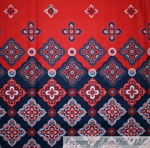 BonEful FABRIC FQ Cotton Quilt Red Blue White Border Print Bandana Flower Garden - Picture 1 of 12