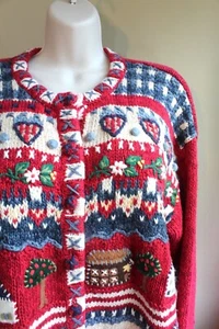 L Vintage Americana Twee Cardigan Sweater Womens Cotton Ramie Shaver Lake Xmas - Picture 1 of 9