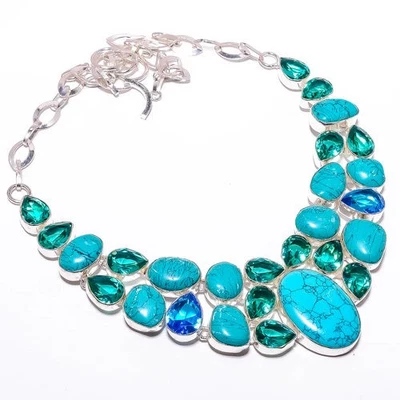 Collar Joyería Turquesa y Azul Topacio Piedras Preciosas Chapado en Plata 17.99" T68 Foto 1 de 4