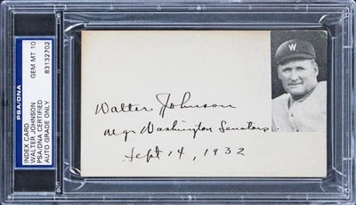 Tarjeta de índice 3x5 firmada e inscrita de los senadores Walter Johnson ¡Auto 10! PSA losa Foto 1 de 2
