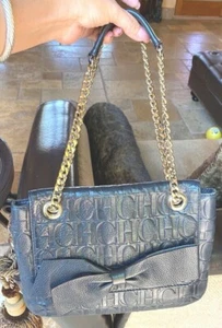 Carolina Herrera Black Monogram Leather Audrey Shoulder Satchel Handbag - Picture 1 of 11