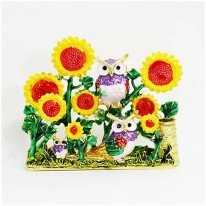 Bejeweled Enameled Business Card&Pen Holder With Rhinestones-Owls And Sunflowers - Picture 1 of 4