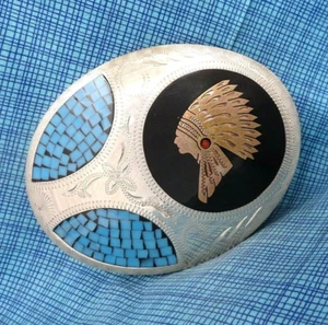 Indian Chief Gürtelschnalle Handarbeit Steinintarsien Vintage 70er Johnson Held .DBD541 - Bild 1 von 9