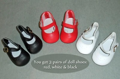3 pair MARYJANE DOLL SHOES fit 18" AG Dolls 72mm DOLL, 2.9" SHOES LOT - 3 COLORS - Image 1 of 4