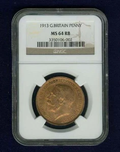 GREAT BRITAIN  GEORGE V 1913  PENNY, CHOICE UNCIRCULATED, CERTIFIED NGC MS-64-RB - Picture 1 of 4