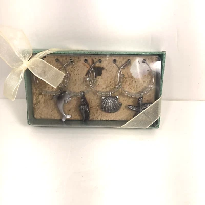 葡萄酒玻璃饰品银色锡干标记海滩主题海豚海星贝壳 — 第 1/4 张图片