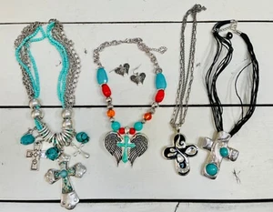 Chunky Necklace Pendant Cross Western Cowgirl Turquoise Silver Tone Lot of 4 - Bild 1 von 10