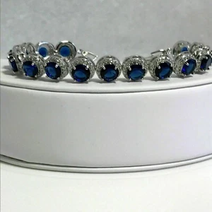 8Ct Round Cut Blue Sapphire Diamond Lab-Created Bracelet 14K White Gold Finish - Picture 1 of 6