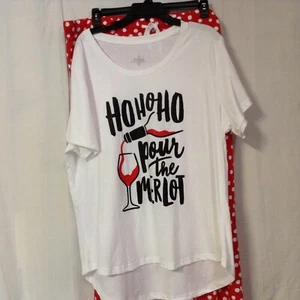 Women's Christmas Pajama Set Red Pants White T-Shirt 3X-Ho Ho Ho Pour the Merlot - Picture 1 of 8