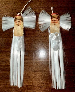 ART DECO PAIR GERMAN SPUN GLASS SANTA SCRAP CURLY BEARD CHRISTMAS ORNAMENTS RARE - Picture 1 of 16