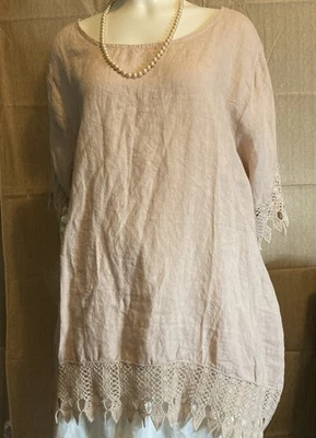 Top túnica Lungo L’Arno Made In Italy 100 % lino beige ribete ganchillo. Talla 2X Foto 1 de 4