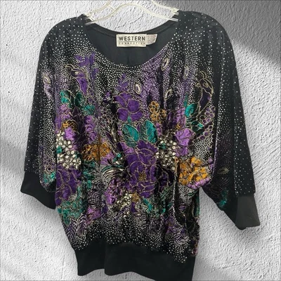 Blusa WESTERN CONNECTION Veludo Top Pavão Floral Roxa Preta Antiga Anos 80 Glam - Imagem 1 de 4