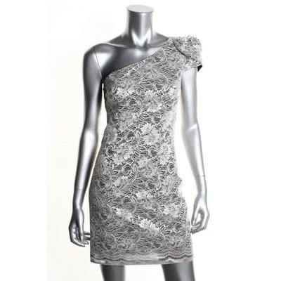 $510 Vestido de Cóctel ALLEN SCHWARTZ Marfil Negro Gris Encaje Un Hombro Talla 12 Nuevo con Etiquetas Foto 1 de 3