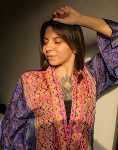 Pure Silk Midi Kimono Robe Knee Length Gown silk kimono robe Blue PS MKMO2021 - Picture 1 of 10