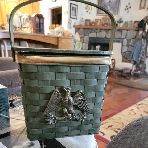 Vintage Green Woven Basket With Lid & "Eagle" on Front Cover