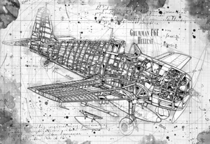 Line Tech Drawing Grumman F6F Hellcat Mock Retro Art Airplane Plane Poster Print - Picture 1 of 3