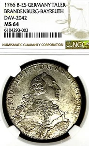 German States Brandenburg-Bayreuth 1766 Taler Coin Thaler NGC MS 64 STG UNC RARE - Picture 1 of 3