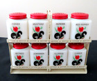 8 Tipp City Milk Glass Black Leaf Red Flower Shakers on Tilt Shelf Spice Rack