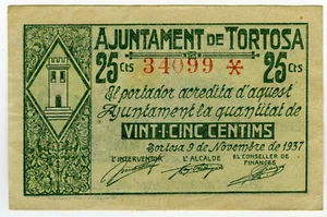 ☆ SPAIN CIVIL WAR 1937 • TORTOSA 25 CTS MUNICIPAL ☆ GUERRA CIVIL ESPAÑOLA ☆C5128 - Picture 1 of 2
