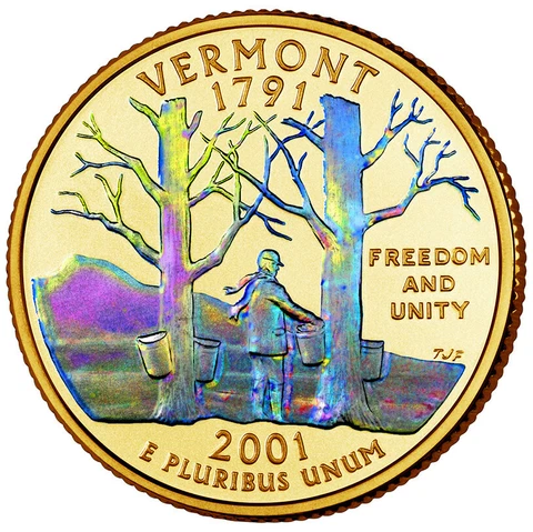 2001 Vermont Quarter 24 Karat Gold layered with Hologram Detail Cover