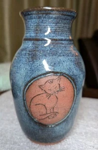Vintage Signed 1990  Redware Kitty Cat Vase 8.75" Tall - Picture 1 of 8