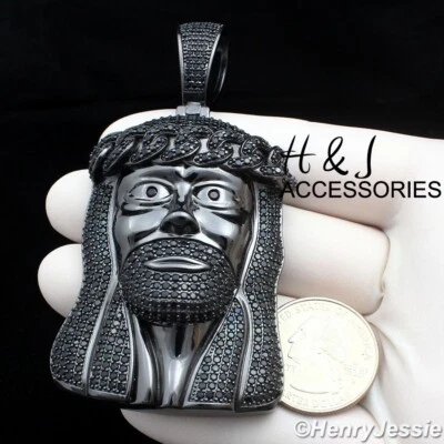 MEN 14K BLACK GOLD PLATED ICY BLING CZ OVERSIZE 3D JESUS FACE PENDANT*BBP6 - Image 1 of 4