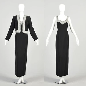 Large 2000s Black Dress Jacket Outfit Silver Clear Beaded Trim Sleeveless Maxi - Picture 1 of 10