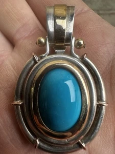 VINTAGE .925 SILVER & .375 9ct TURQUOISE Navajo Style Pendant Ship Worldwide - Picture 1 of 17