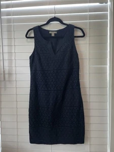 Banana Republic Cotton Sheath Dress Size 4 Navy Blue Eyelet Overlay Sleeveless - Picture 1 of 6