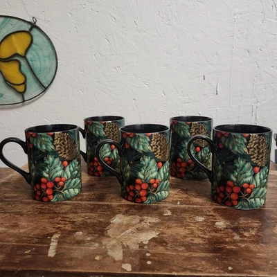 Juego de 5 tazas FITZ And FLOYD HOLIDAY PINE interior negro porcelana Japón  Foto 1 de 4