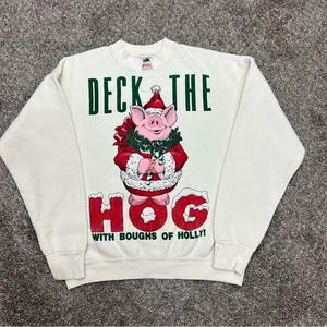 Vintage christmas sweatshirt mens large white pig "deck the hog" crewneck USA - Picture 1 of 9