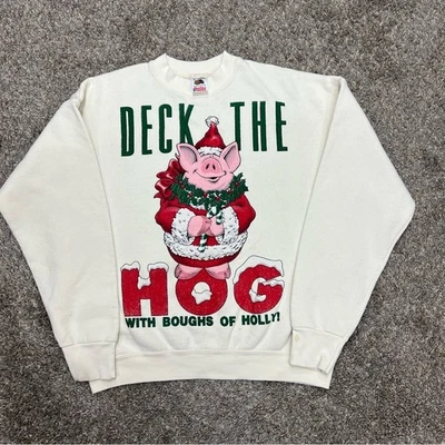 Vintage christmas sweatshirt mens large white pig "deck the hog" crewneck USA - Image 1 of 4