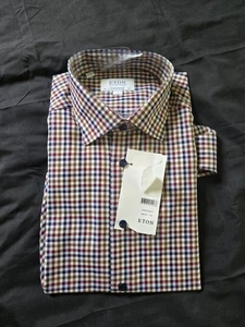 NWT ETON Contemporary Sz Lg 42 16 Casual Button Down Shirt Fit Red/Multi Check - Picture 1 of 5