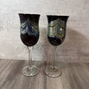 Vtg Signed Charlie Miner Tesuque Glassworks Art Wine Goblet Blue Pulled Feathers - Picture 1 of 15