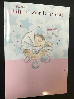 Карточка рождения девочки, новая девочка, милый ребенок в коляске, фольга, 20 x 14 см - Изображение 1 из 3