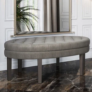 Oval Ottoman Linen Tufted Footrest Bench W/ Wood Legs Coffee Table, 4 Colors - Picture 1 of 19