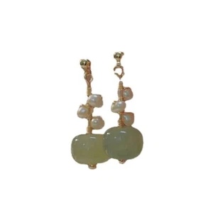 Ethnic Water Drop Tassel Earring Jade Chinese Butterfly Fan Shaped Hanfu Jewelry - Picture 1 of 2